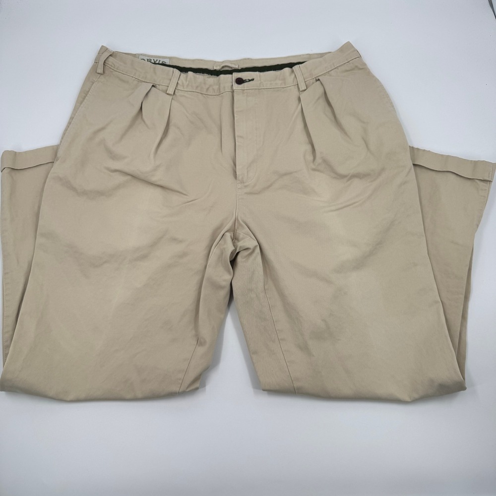 Orvis Pleated Chino Pants Mens 42 Khaki Tan Cotton Cuffed Relaxed Fit Trousers
